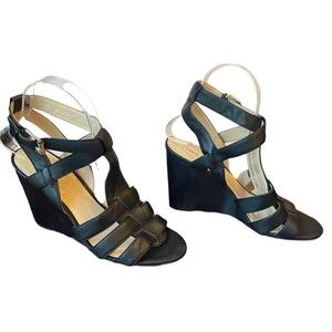 Nine West Black Leather Open Toe Strap Sandals Wedges 7.5 M
